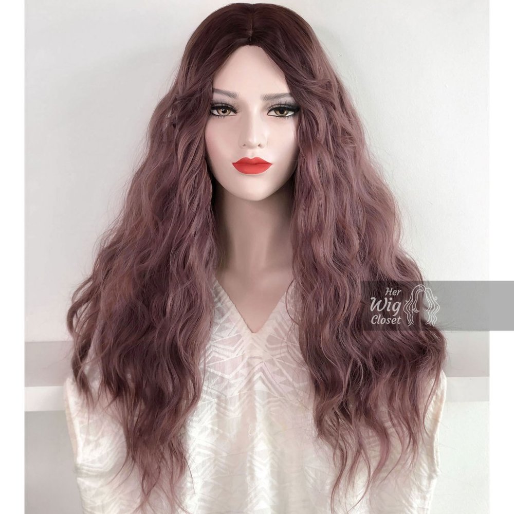 Dusty Pink Ombre Wavy Wig Dk Roots | Rosie - Picture 5 of 6